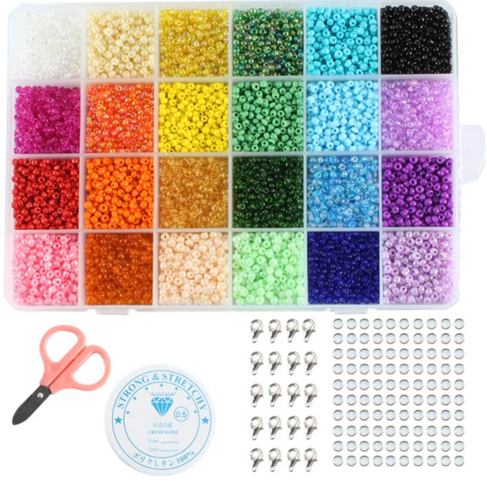 24 Grids 3mm Glass Seed Beads Set with Scissors Lobster Clasp Stretch Thread DIY Handcraft Seed Beads Kit for Making Jewelry