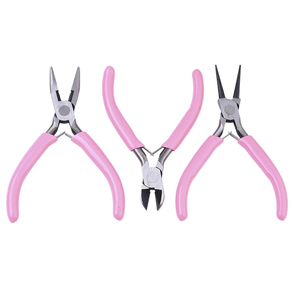 3Pcs Pliers Set Pink Handle Carbon Steel Round Nose Pliers Shear Pliers Side Cutting Pliers DIY Jewelry Making Tools