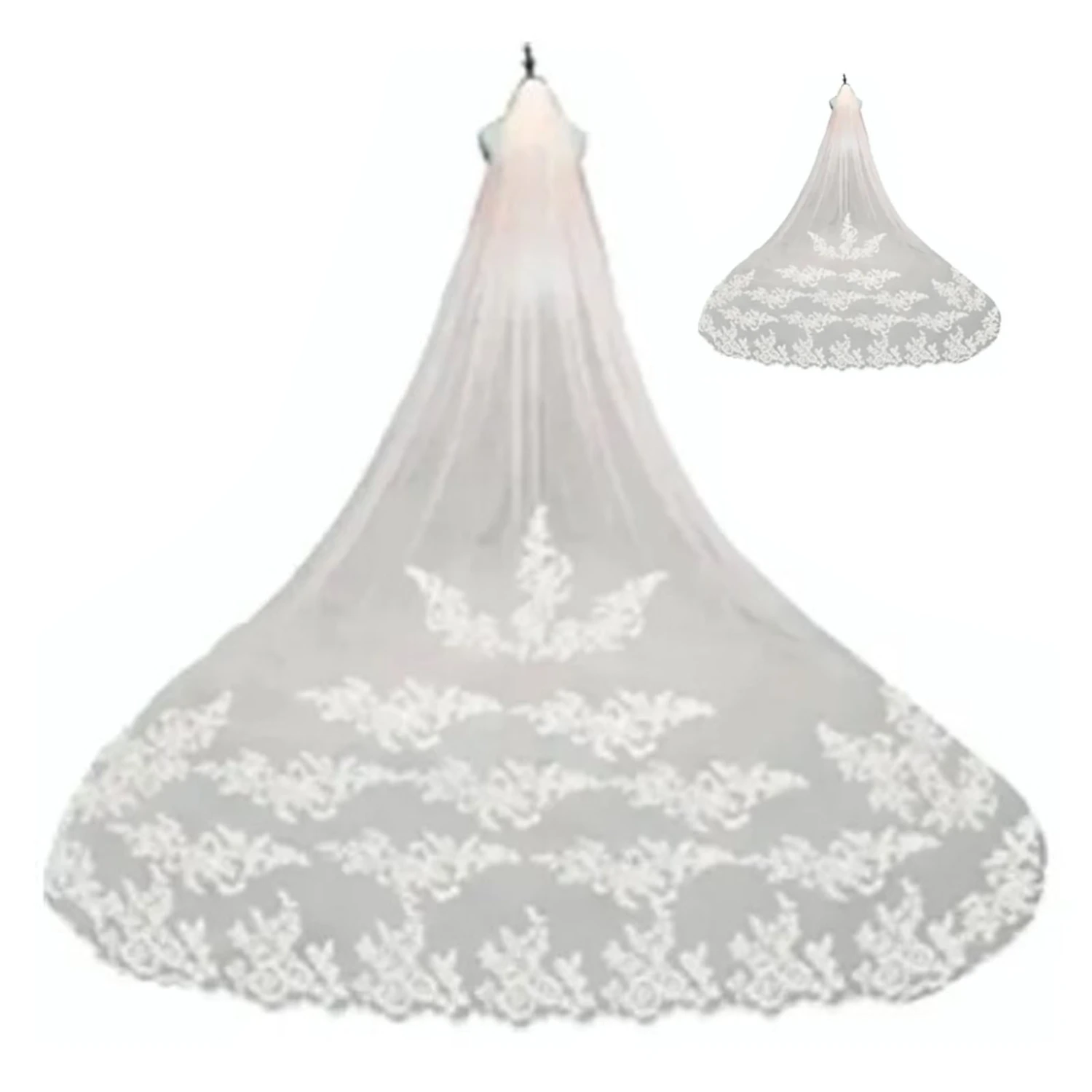 3 Meter Bridal Veil Lace Applique Metal Comb Fixing Ultra Long Bridal Drop Veil for Wedding Ivory Tint