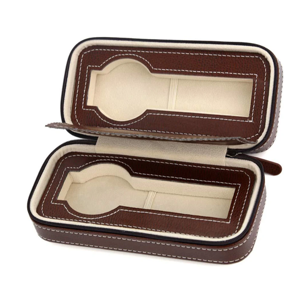 Watch Box Portable Zipper Design Simple Fashionable Watch Storage Oganizer Watch Case Brown 2 Slots