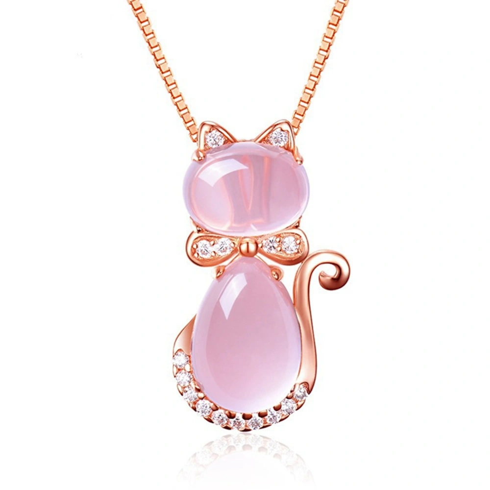 Pink Crystal Necklace Cat Shape Fashionable Lightweight Rose Gold Collarbone Necklace for Parties