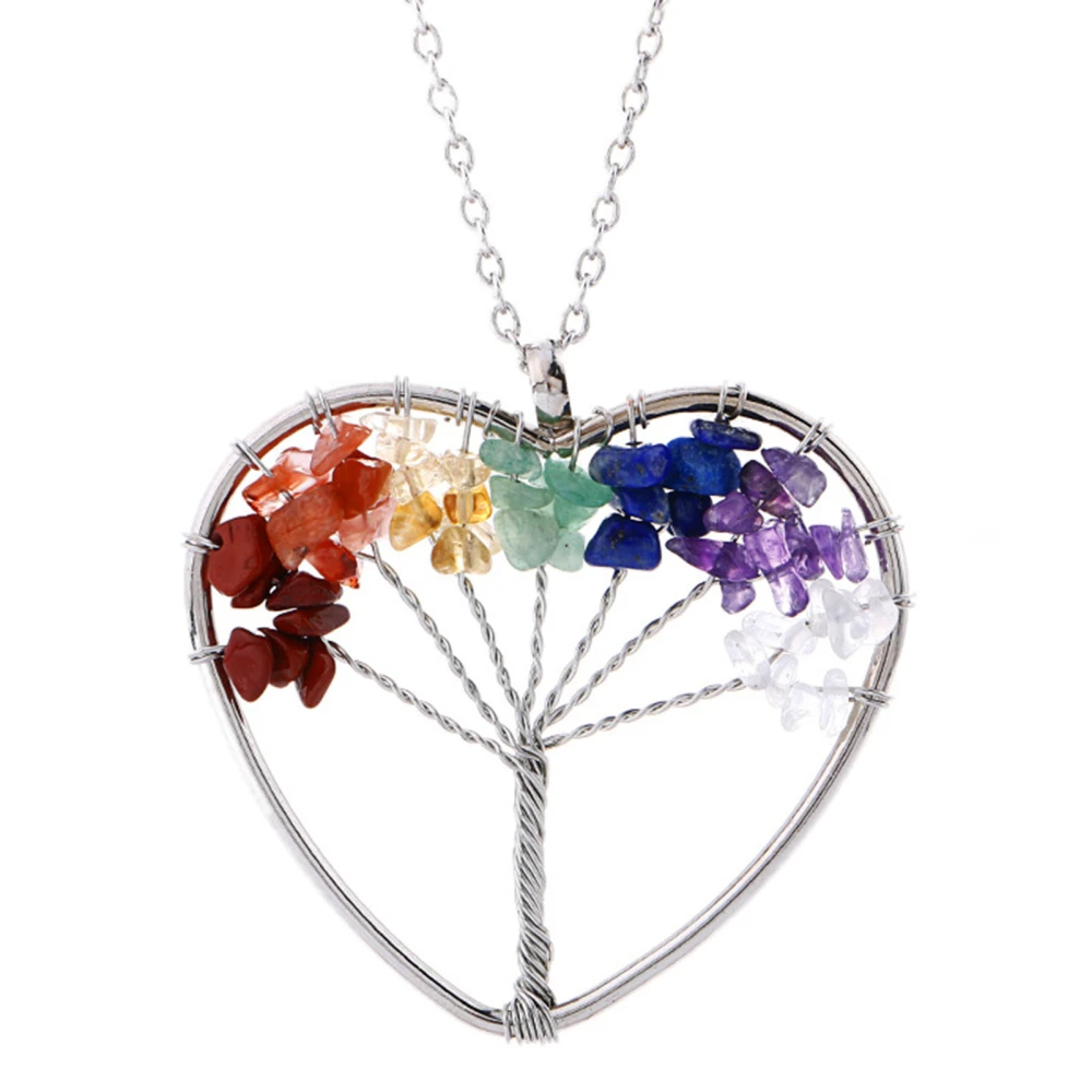 Life Tree Necklace 7 Complete Chakra Chain Gravel Zinc Alloy Peach Heart Women Accessories