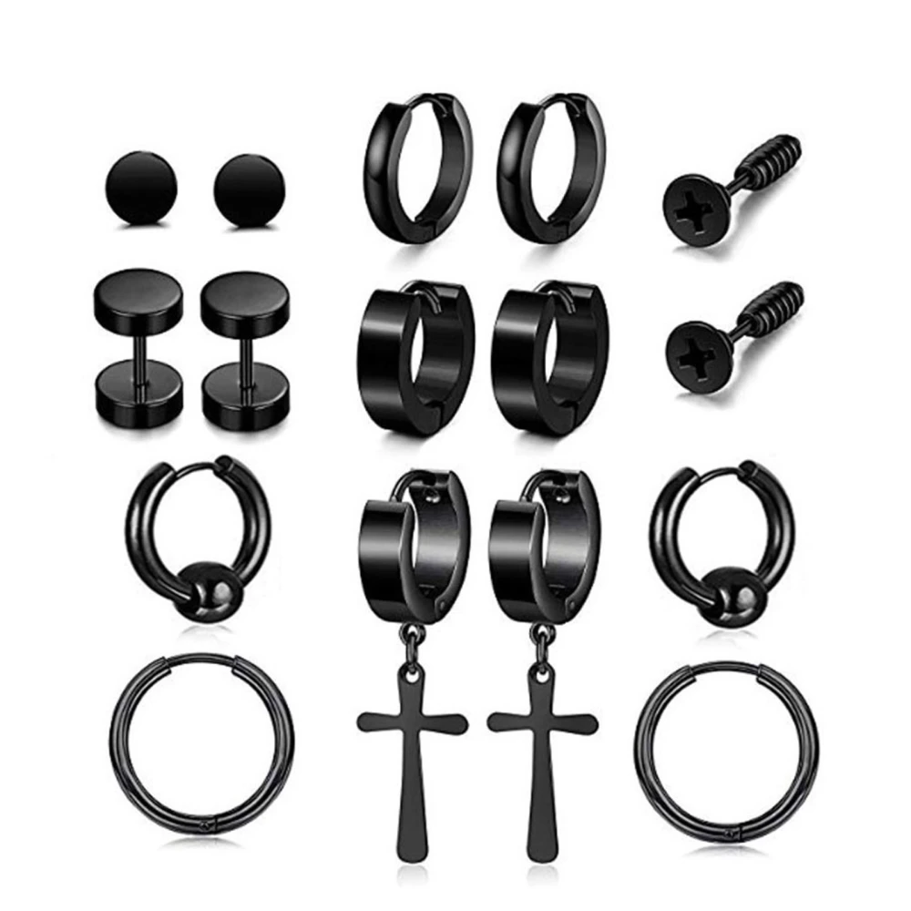 8 Pairs Earrings Set Stainless Steel Black Unique Cool Cross Hoop Ear Stud For Men Women