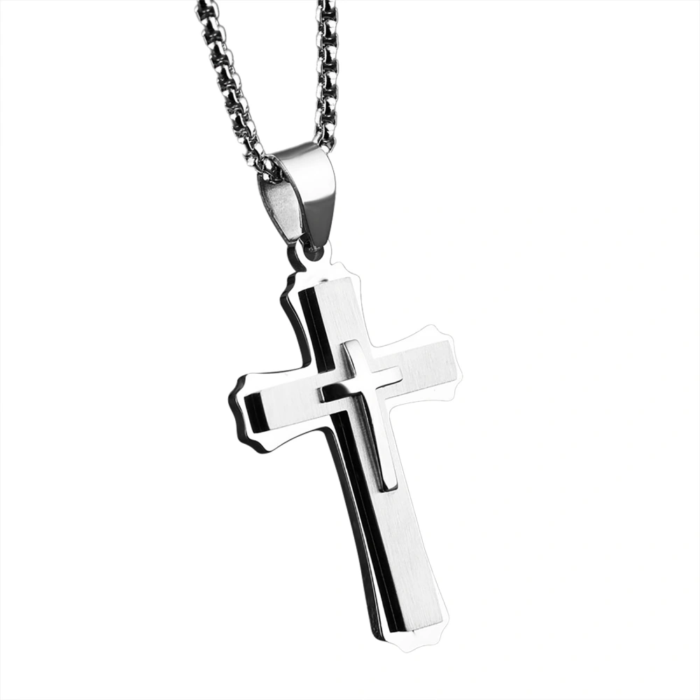 Cross Pendant White Steel 3 Layer Crucifix Cross Necklace for Men Clothing Matching Steel Color