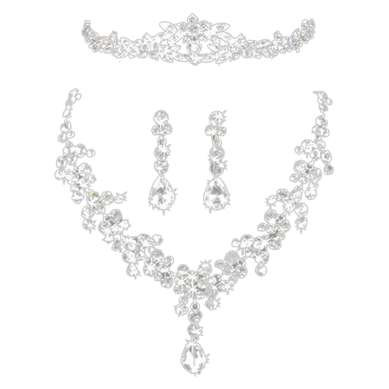 Women Jewelry Set Bride Exquisite Rhinestone Crown Necklace Earrings Set for Wedding Party Prom 3pcs Set