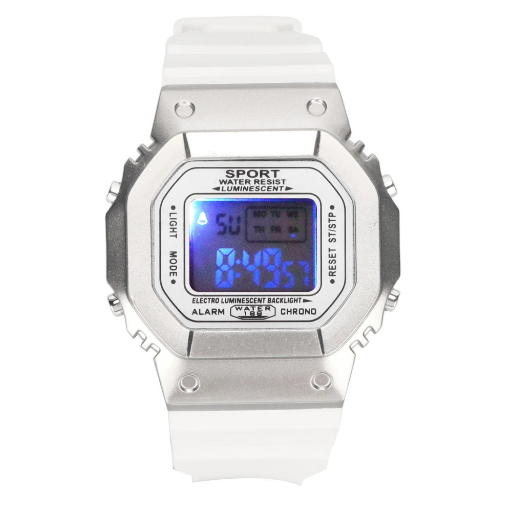 Electronic Watch Waterproof Casual Stylish Digital Sports Watch with Light for Men Women Students White Silver