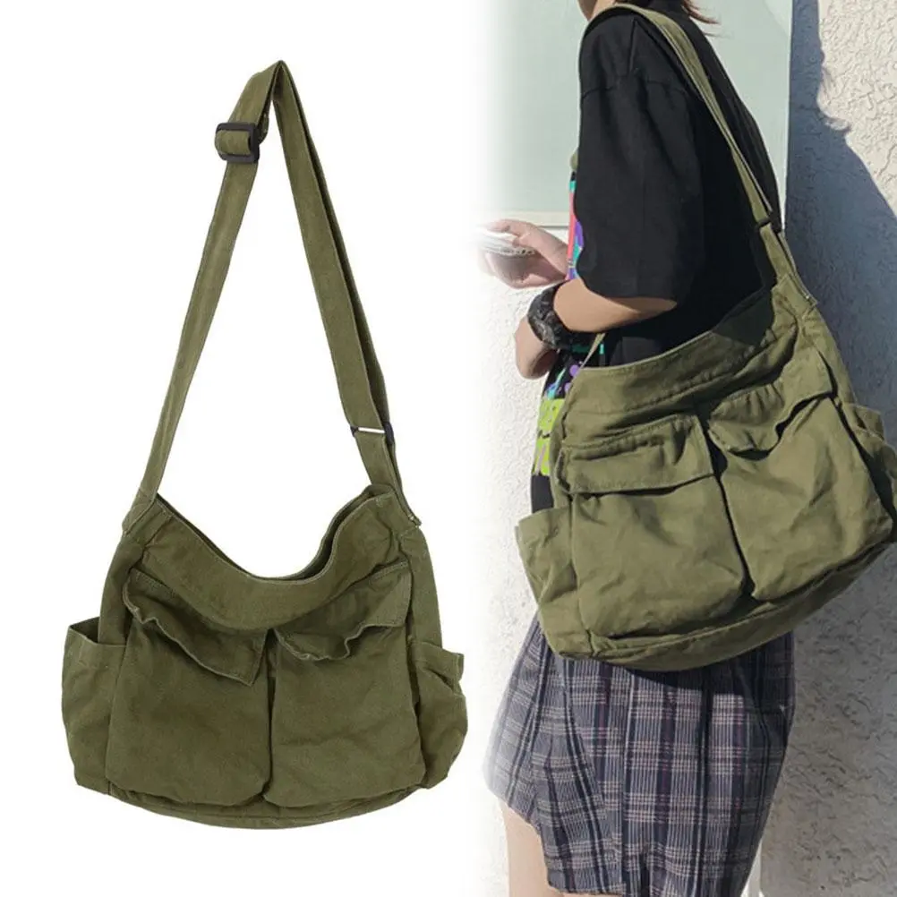 Canvas Messenger Bag Large Capacity Hobo Crossbody Bag with Multiple Pockets Casual Bags Shoulder Tote Bag for Women and Men