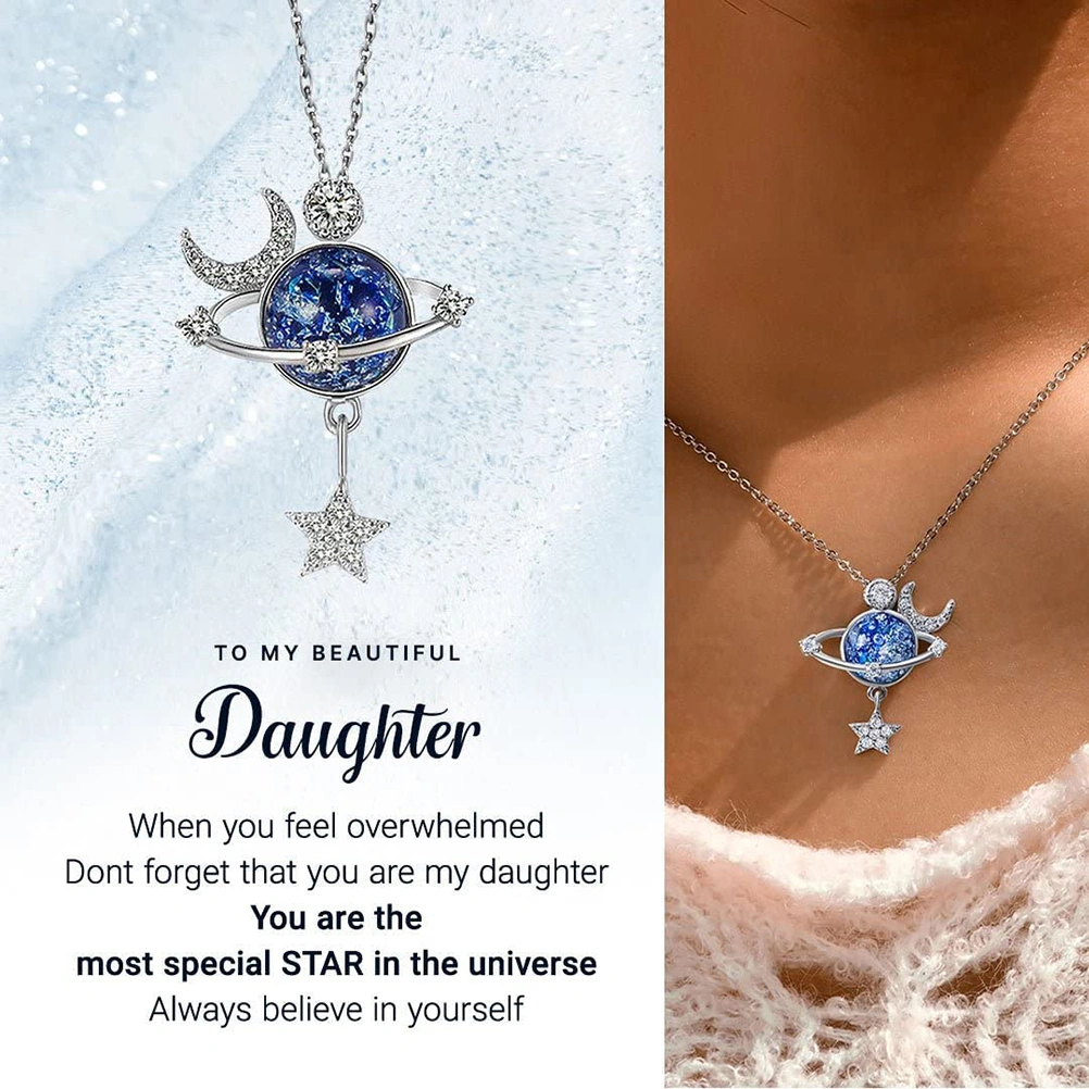 Universe Star Necklace for Daughter Granddaughter Star Moon Surrounding Planet Star Necklace Jewelry Gift for Women Girls