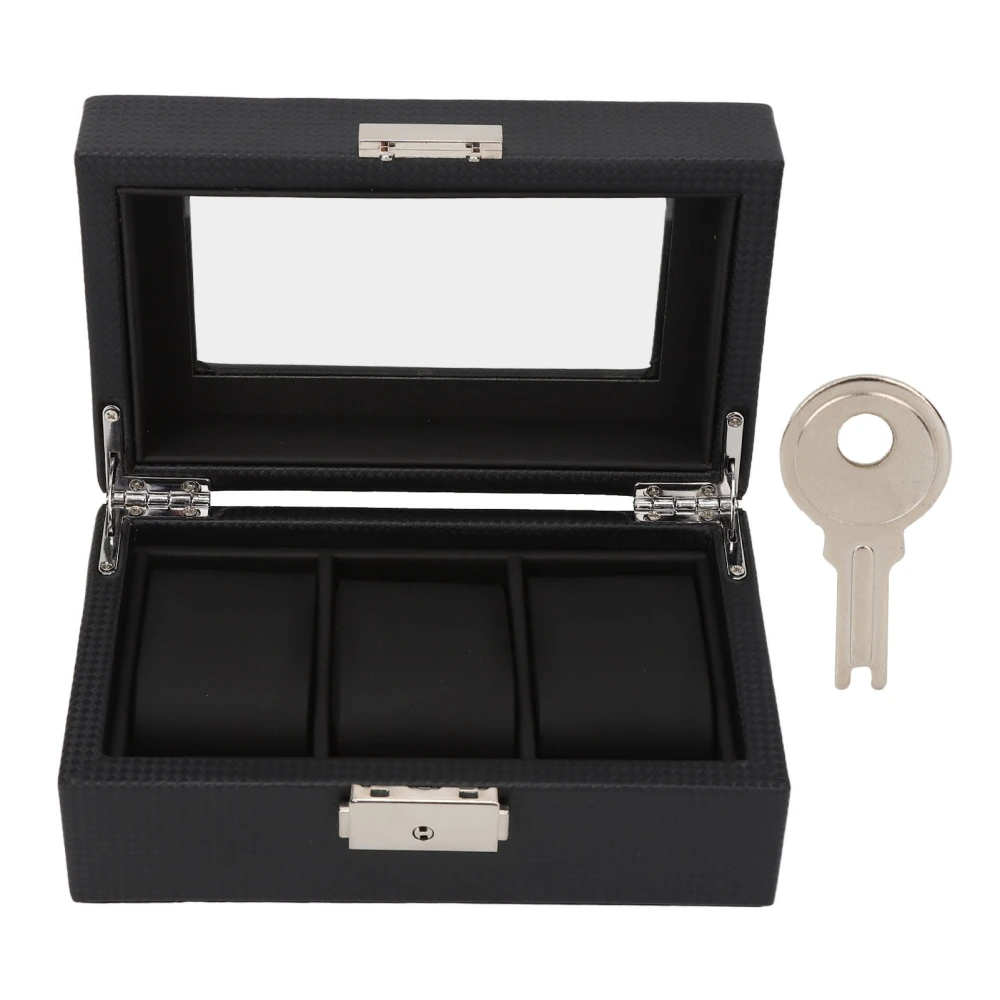 3 Slot Watch Box Lockable Small PU Leather Watch Jewelry Storage Case with Clear Lid for Men Women Bracelet Black