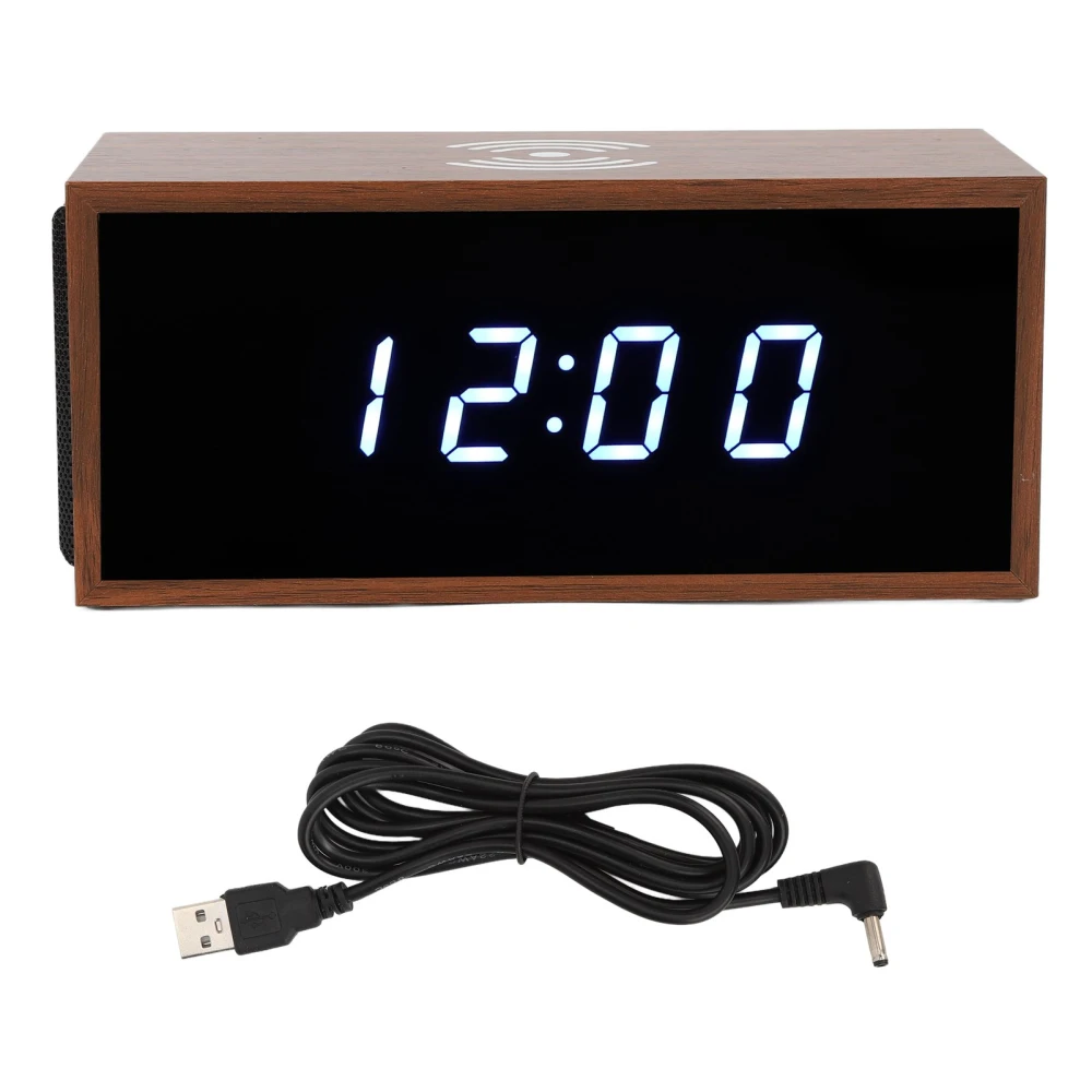 Digital Alarm Clock Wireless Charger Function MDF PVC LED Display Brown Independent Function Keys Speaker Alarm Clock