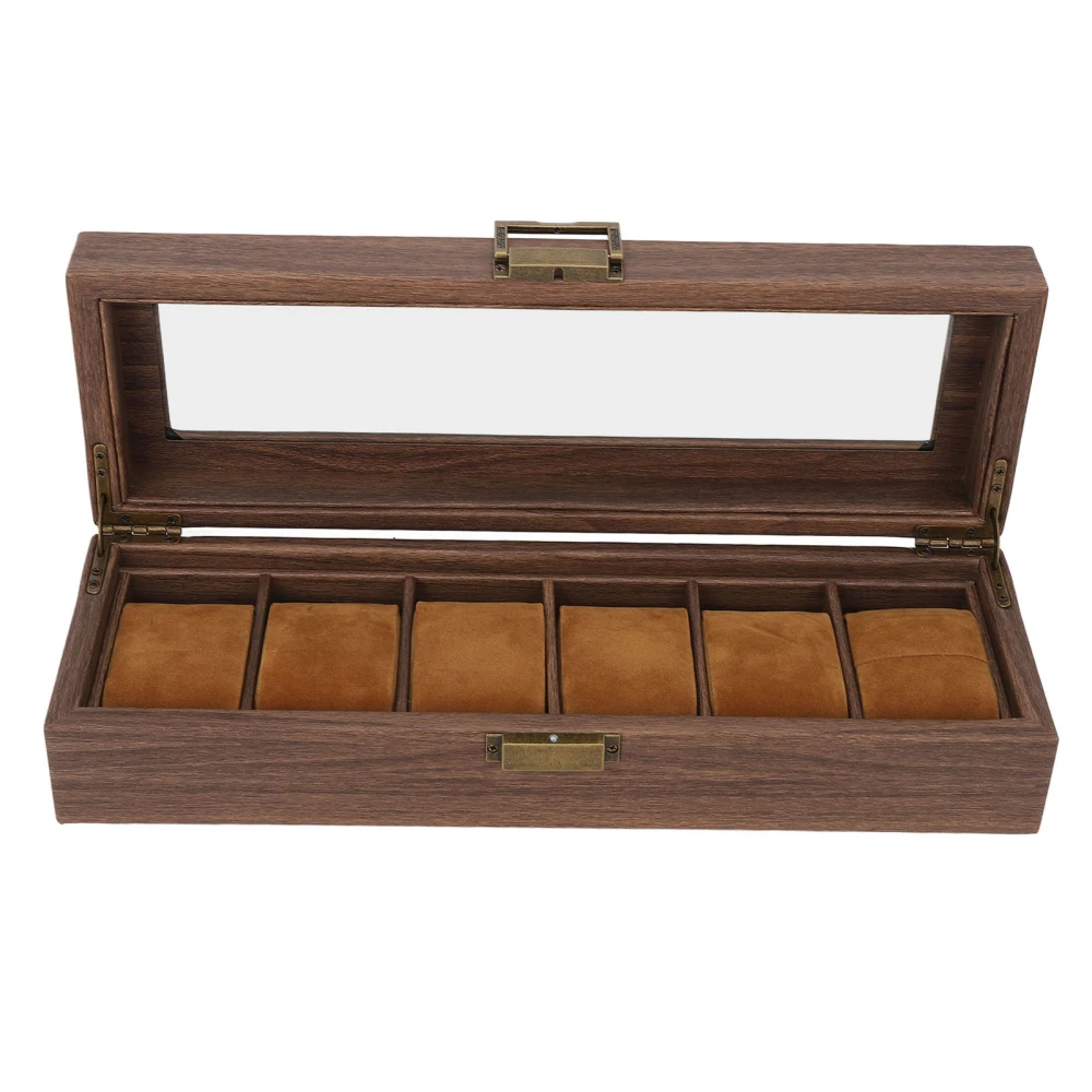 6 Slot Watch Storage Display Box Wood Grain PU Leather Lockable Wristwatch Protective Box