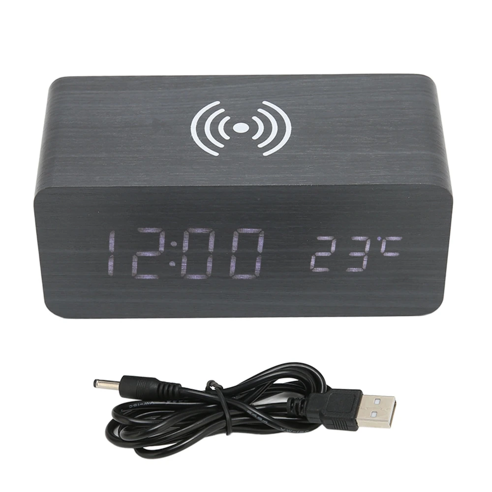 Wooden Digital Clock Black LED Phone Wireless Charging Temperature Display Voice Control 3 Brightness Digital Desk Clock