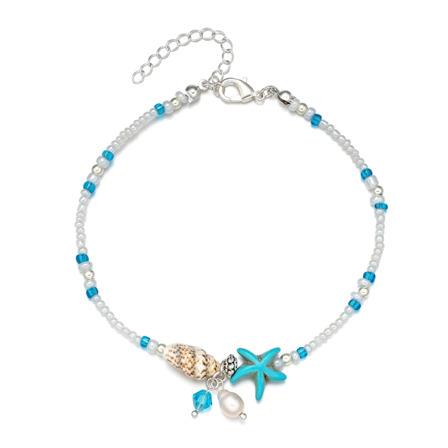 Women Ankle Bracelet Fashionable Adjustable Conch Starfish Pendants Beaded Anklets Jewelry Accessory Blue