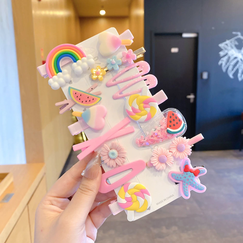 14pcs Set Hairpin Cute Colorful Princess Flower Fruit Cartoon Pattern Children Hair Clip For Girls Pink