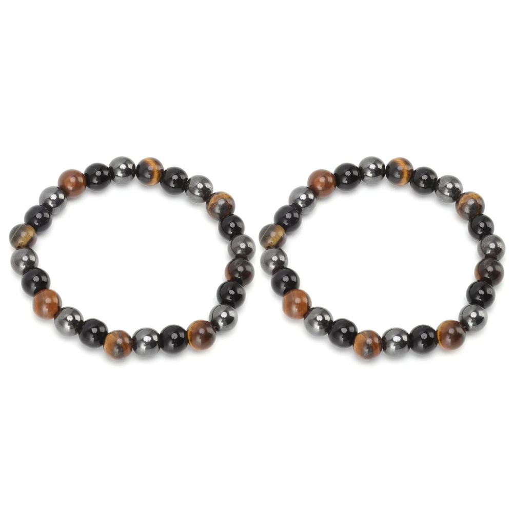 2 Pcs Black Natural Stone Bracelet High Elasticity Triple Protection Tiger Eye Stone Wealth Bracelets for Most Men Women Glass