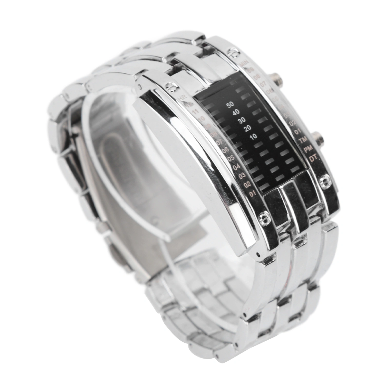 LED Watch Unique Binary Time Mode Display Convex Arc Structure Waterproof LED Wrist Watch Electronic Watch Silver S