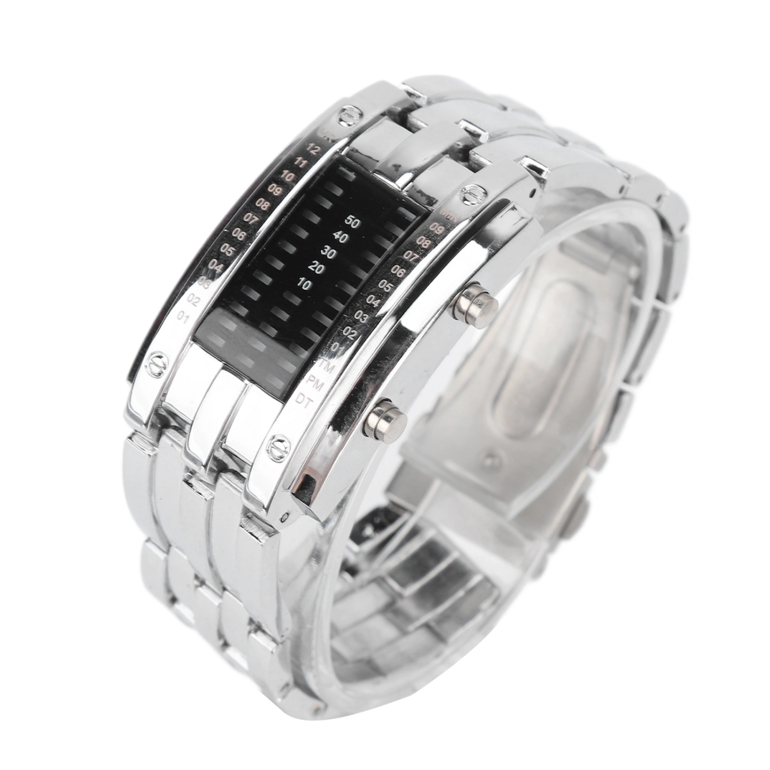 LED Watch Unique Binary Time Mode Display Convex Arc Structure Waterproof LED Wrist Watch Electronic Watch Silver S