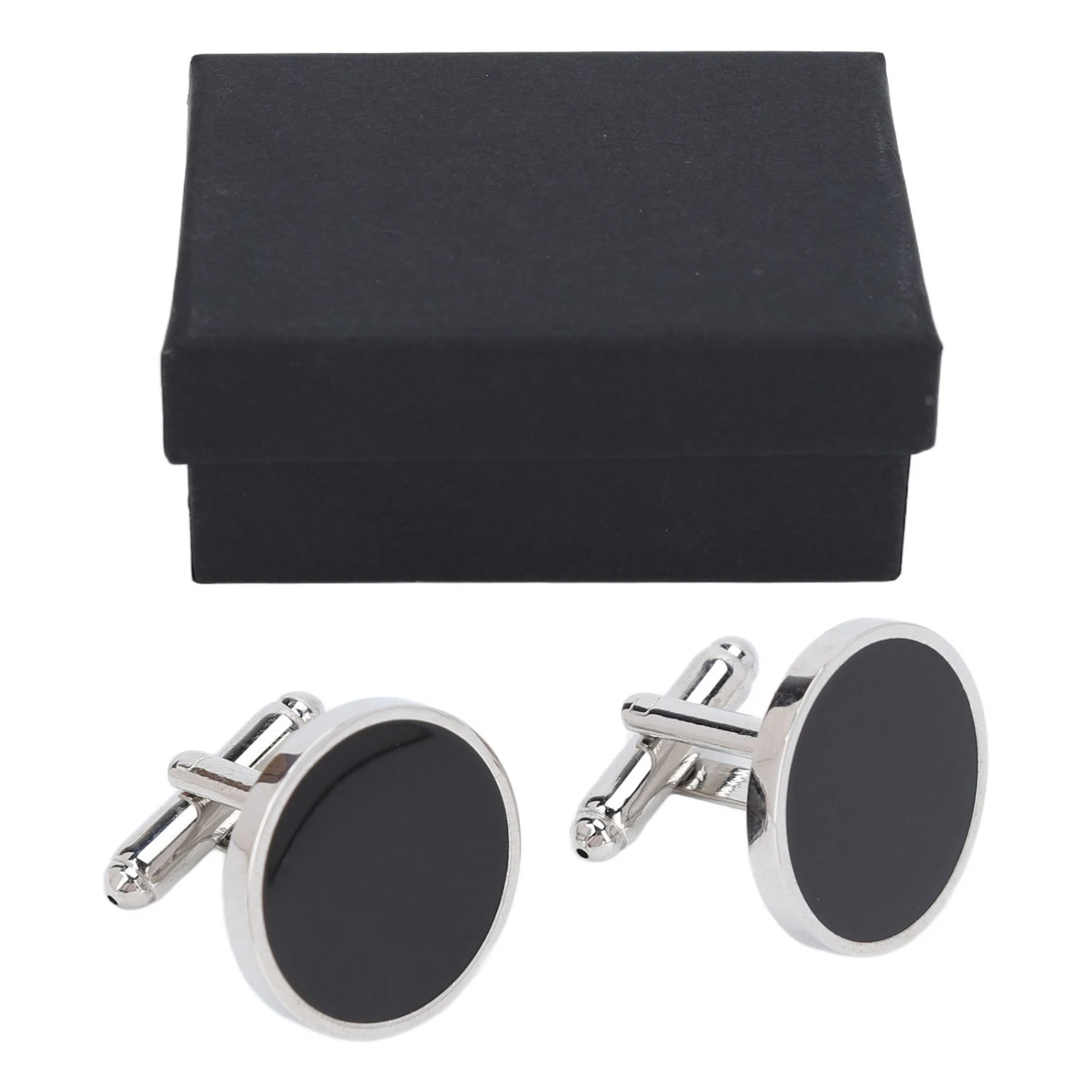 1 Pair Mens Cufflinks for Man Black Silver Electroplating Process Round Cufflinks Bright Shiny Cuff Link for Daily Dress