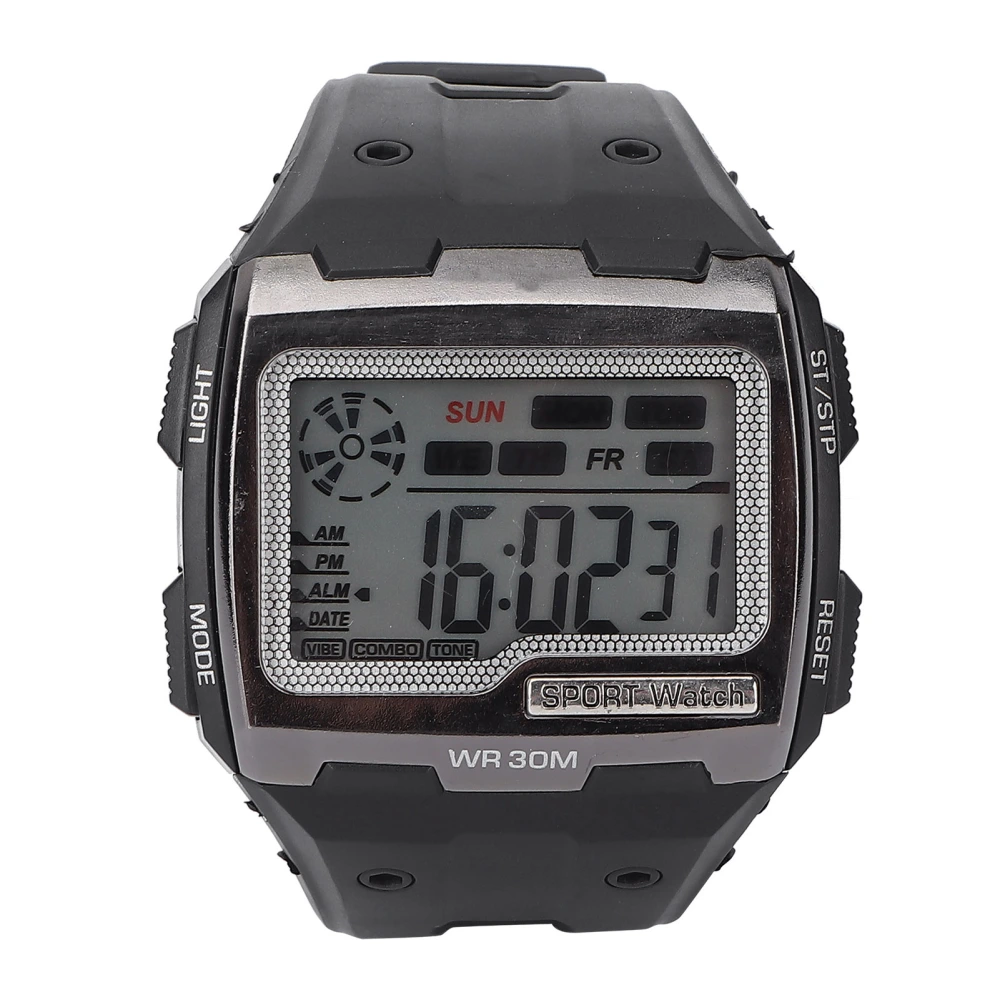 Digital Sports Watch Large Dial Night Light Waterproof Dual Time Outdoor Electronic WatchBlack