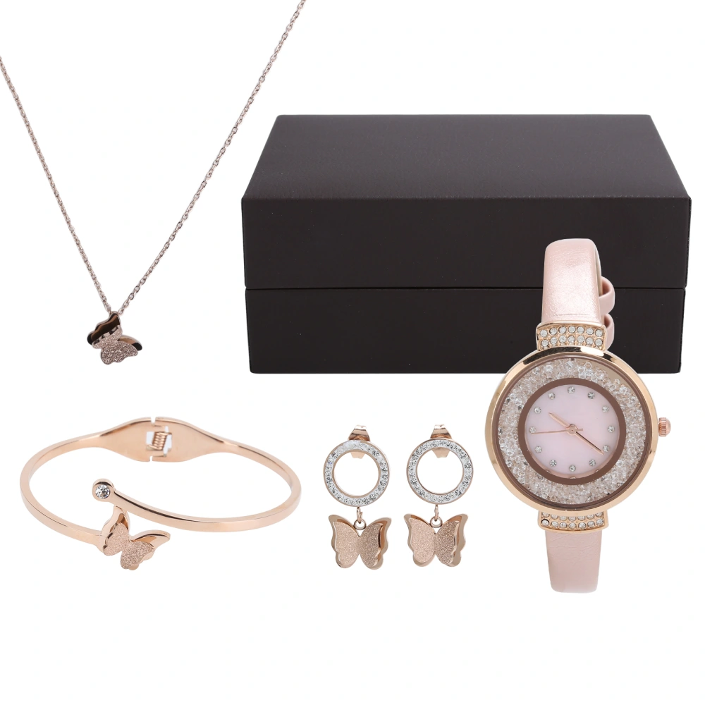 4pcs Fashionable Jewelry Set Exquisite Watch Girls Bracelet Necklace Earrings Gift BoxPink