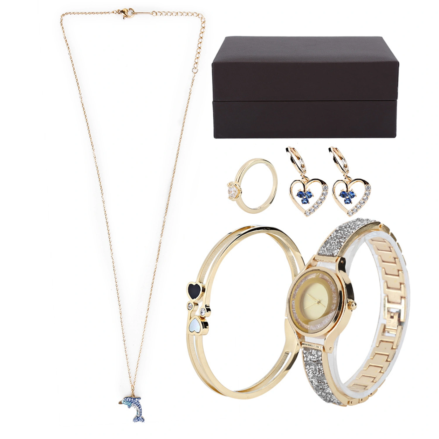 Women Watch Set Jewelry Gift Set Wrist Watch Earrings Ring Necklace BraceletGold