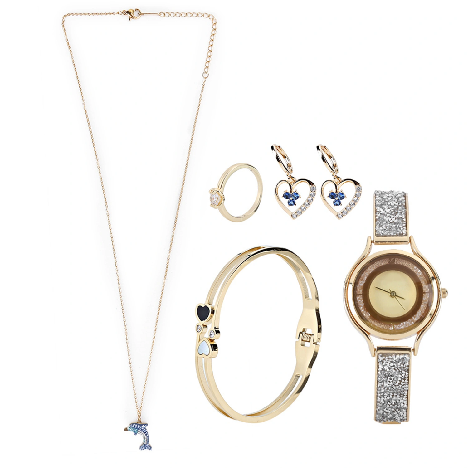 Women Watch Set Jewelry Gift Set Wrist Watch Earrings Ring Necklace BraceletGold
