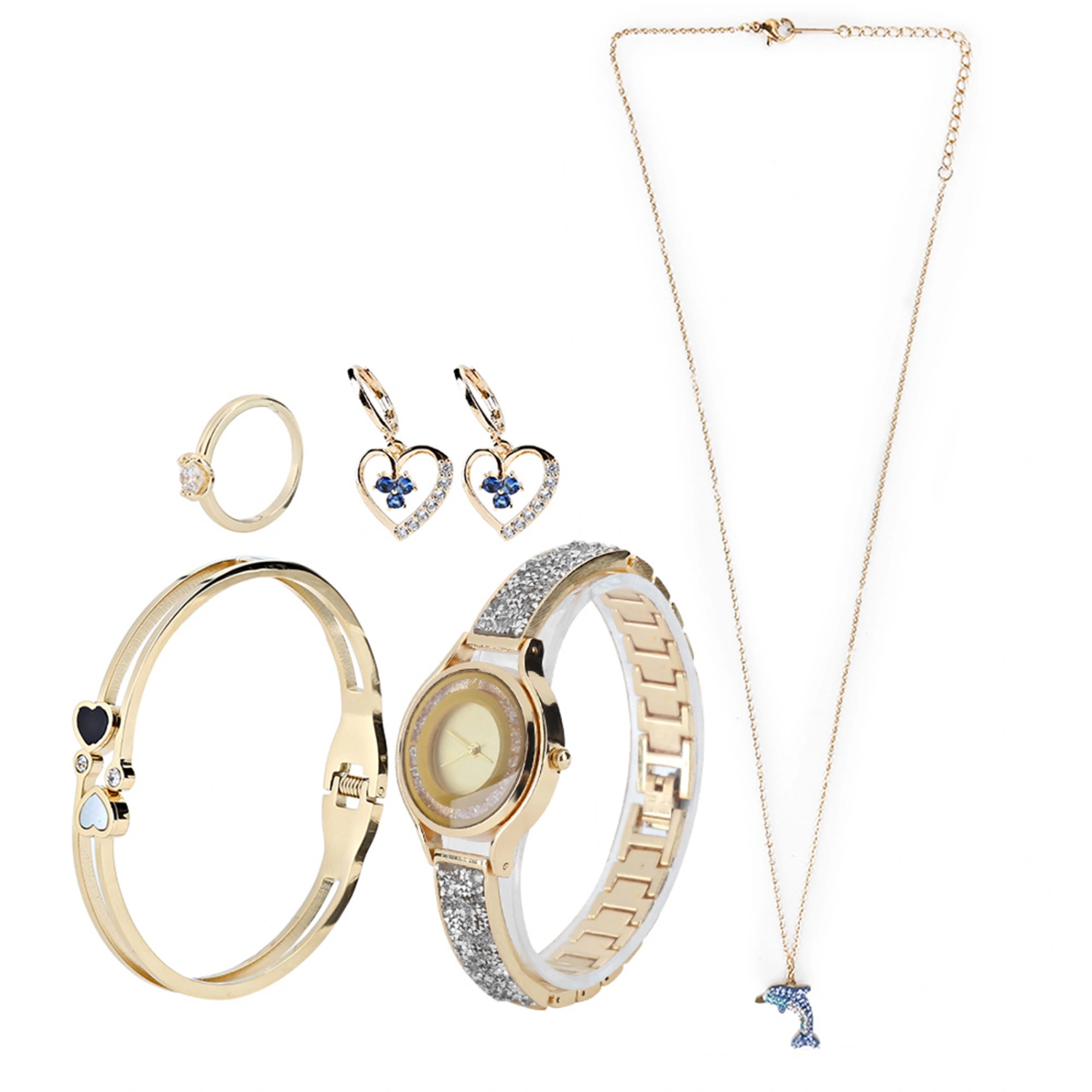 Women Watch Set Jewelry Gift Set Wrist Watch Earrings Ring Necklace BraceletGold