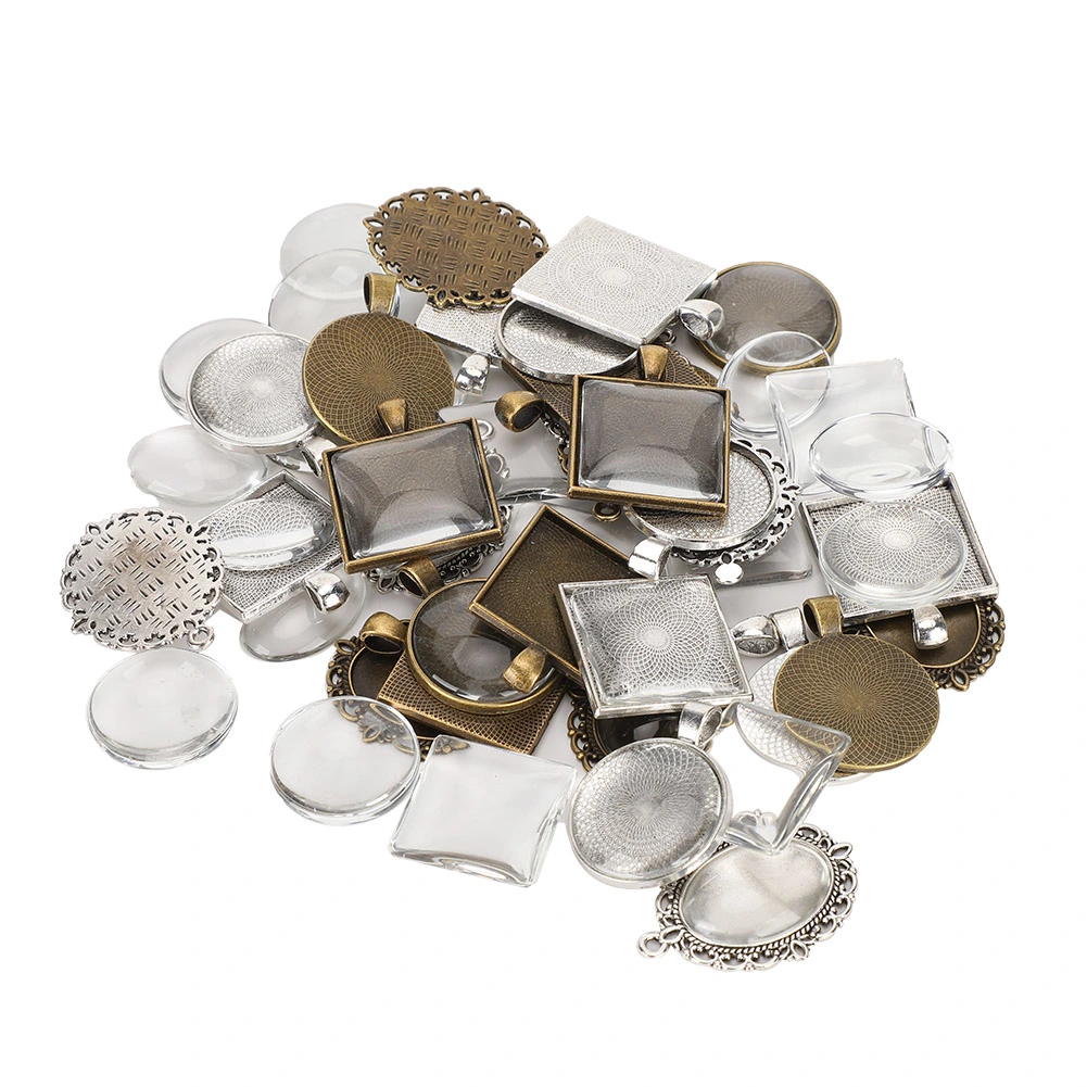 60pcs Metal Round Oval Pendant Base Tray Glass Domes Sheet Jewelry DIY Tool Accessory