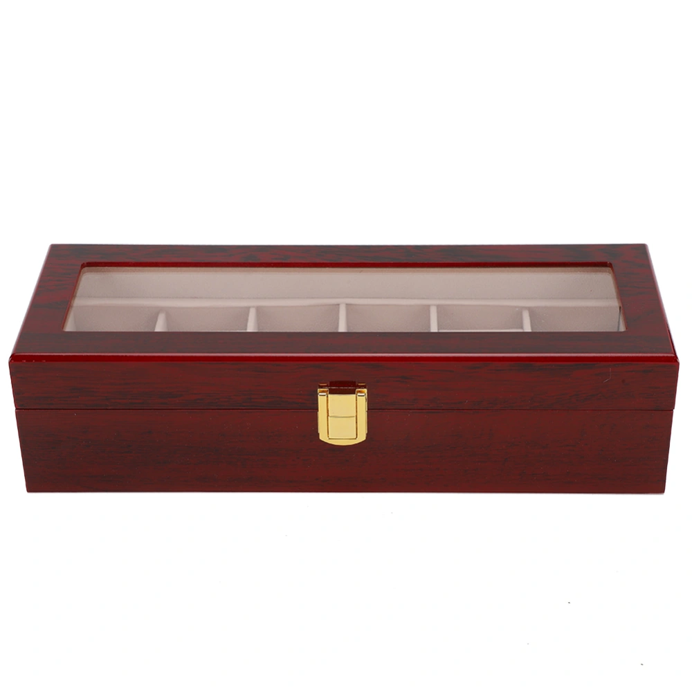 Wooden 6 Grid Watch Display Box Transparent Window Watch Storage Box (Red)