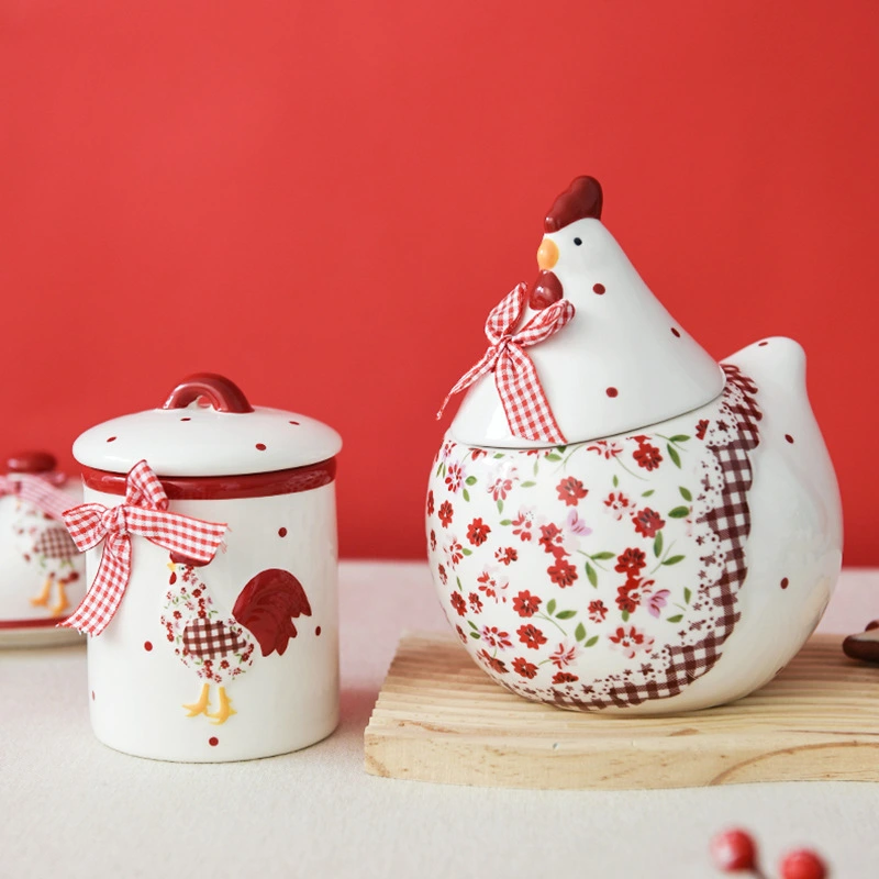 Ins Style Tableware Red Small Floral Chicken Ceramic Sealed Can