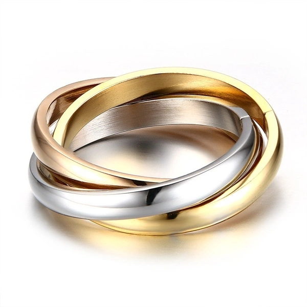 Fashion 316L Stainless Steel Tri-Color Triple Linked Bands Roll Ring Wedding Party Jewelry