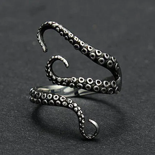 Vintage Octopus Squid Kraken Ring | Punk Titanium Steel Adjustable Ring | Unisex Silver Color Sea Monster Jewelry