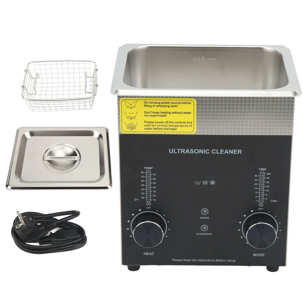 2L Ultrasonic Cleaner with Timer Heater Degas Mode Stainless Steel Multiple Vent Holes Double Fuse for Industrial Parts EU Plug 220V