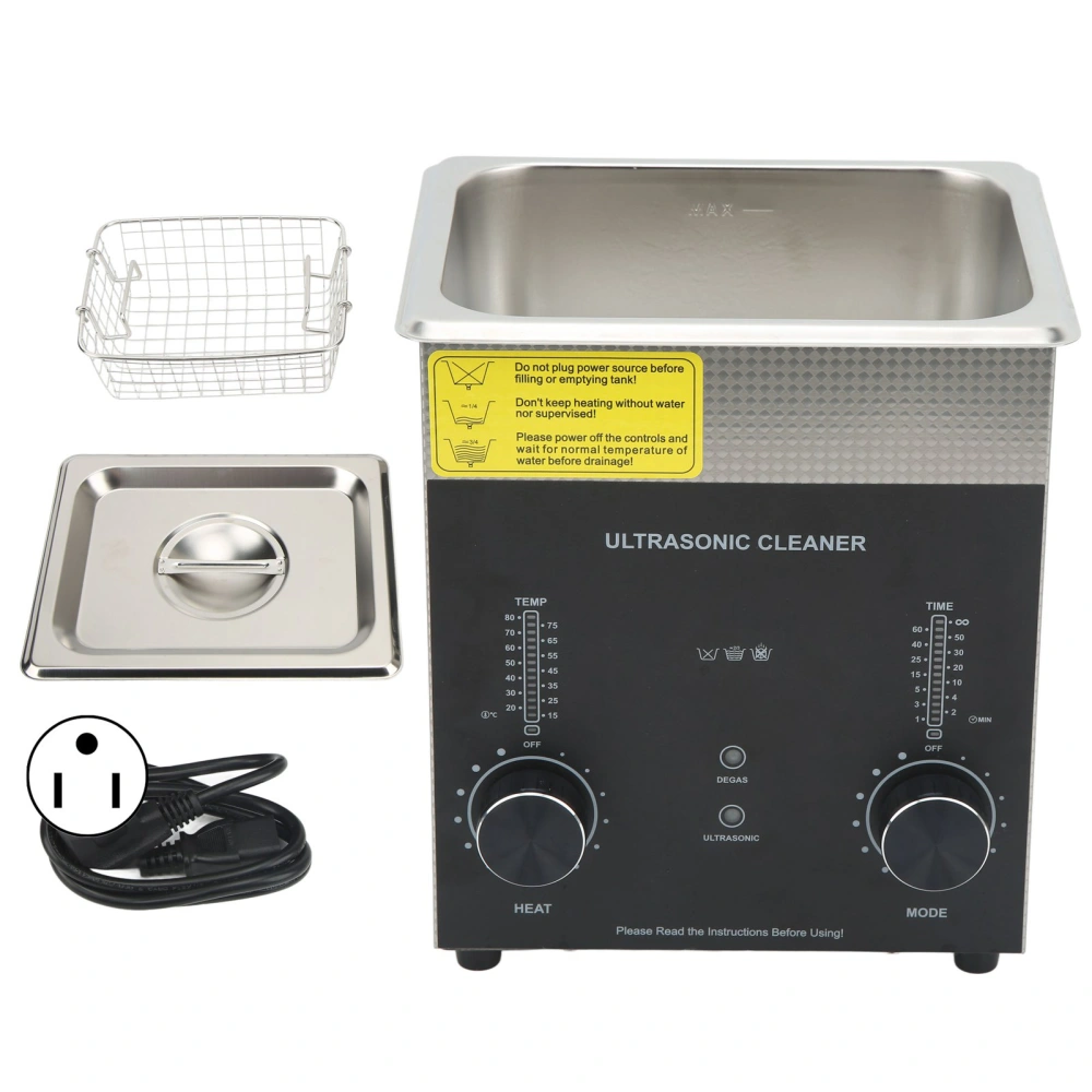 2L Ultrasonic Cleaner with Timer Heater Degas Mode Stainless Steel Multiple Vent Holes Double Fuse for Industrial Parts US Plug 110V