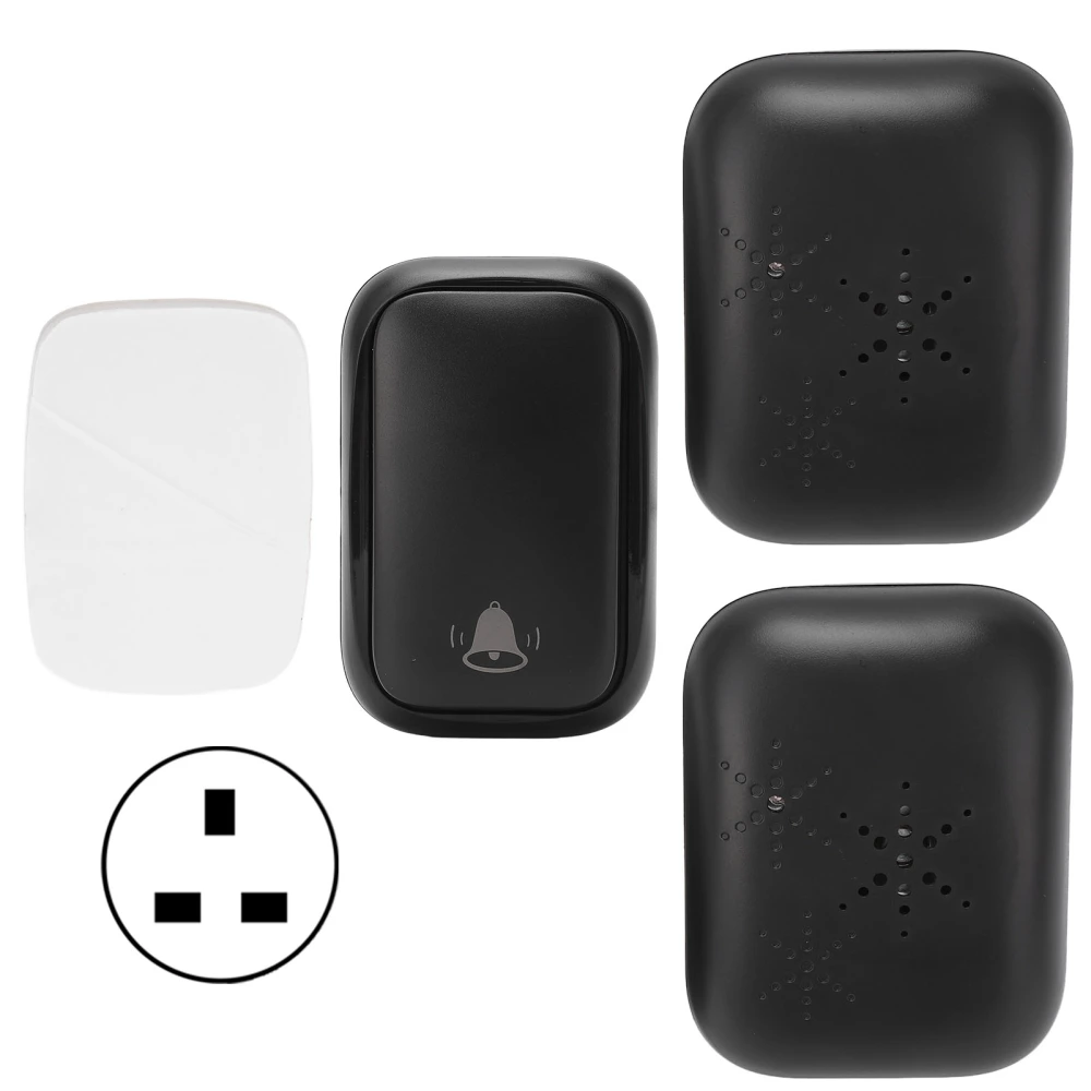 Wireless Doorbell ABS Black Self Powered 150m Range 433MHz with 2 Receivers for Home Hotel Factory AC 110‑230V UK Plug