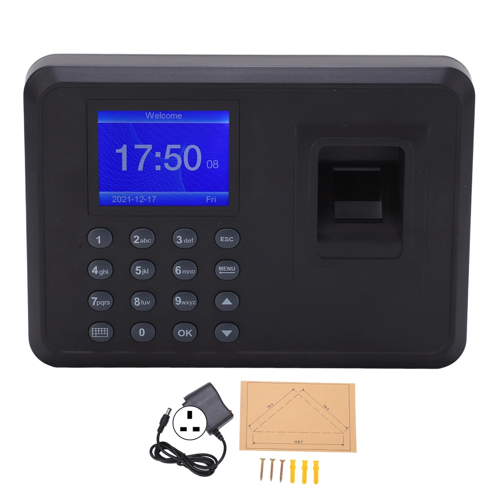 Fingerprint Attendance Machine 2.4in Screen Fast Identification DC5V/1A Password Time Recorder for Company AC100‑240VUK Plug English