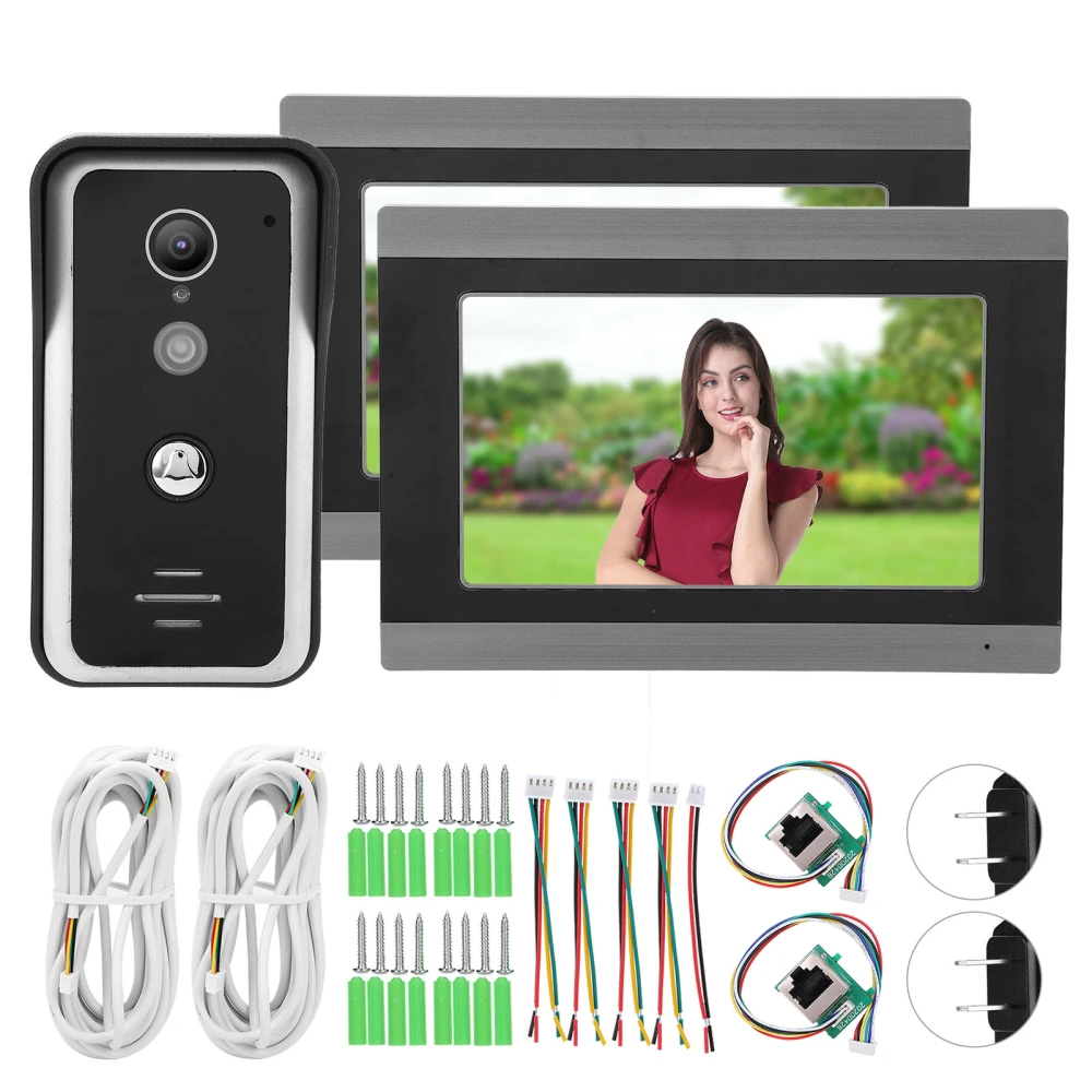 Wired WIFI Video Doorphone with 2pcs 7in Monitor APP Remote Control for TUYA AC100‑240VUS Plug