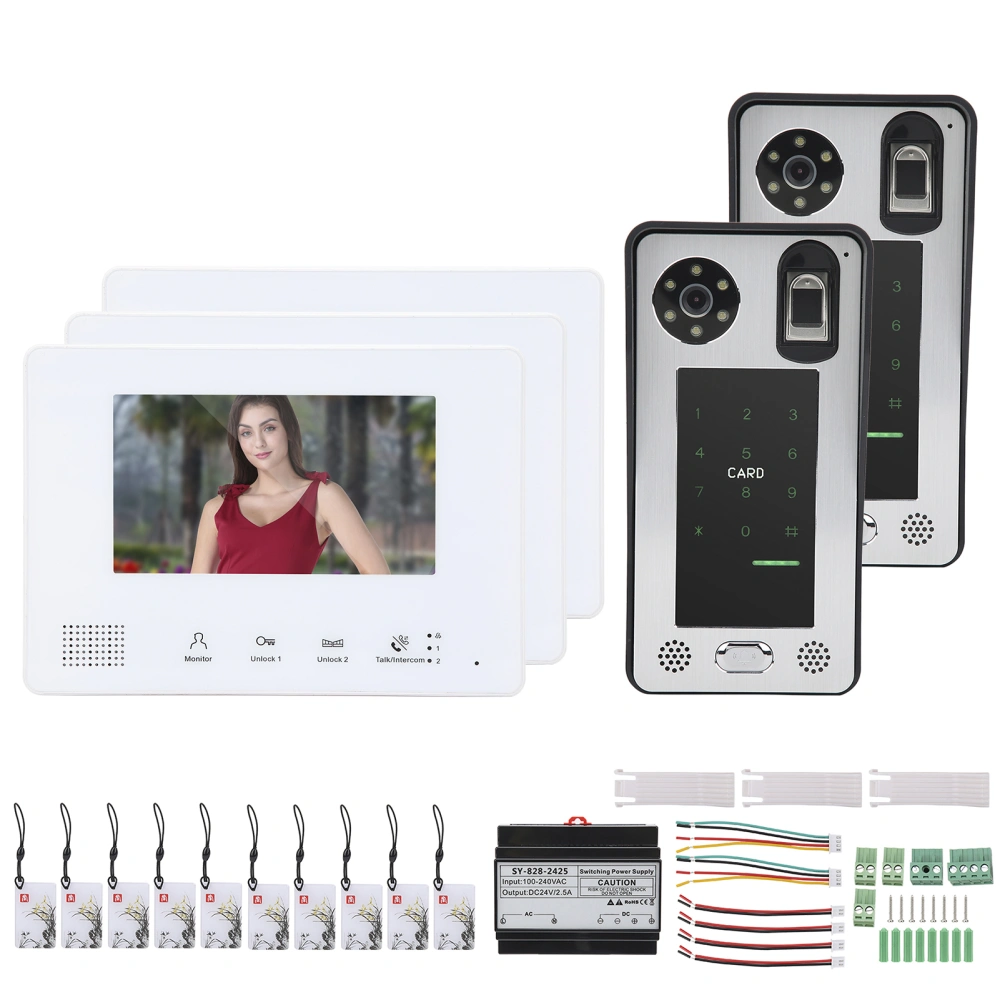 2-Wire Video Intercom 7in 3 Monitors 2 Cameras Fingerprint Password IC Card Night Vision Doorbell 100-240V