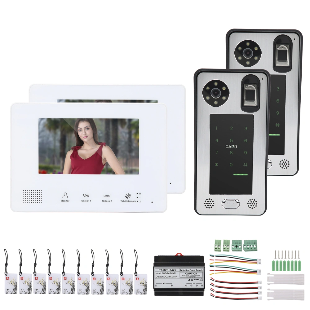 2‑Wire Video Door Phone 7in Dual Monitors Dual Cameras Fingerprint Password IC Card Unlock Night Vision 100‑240V