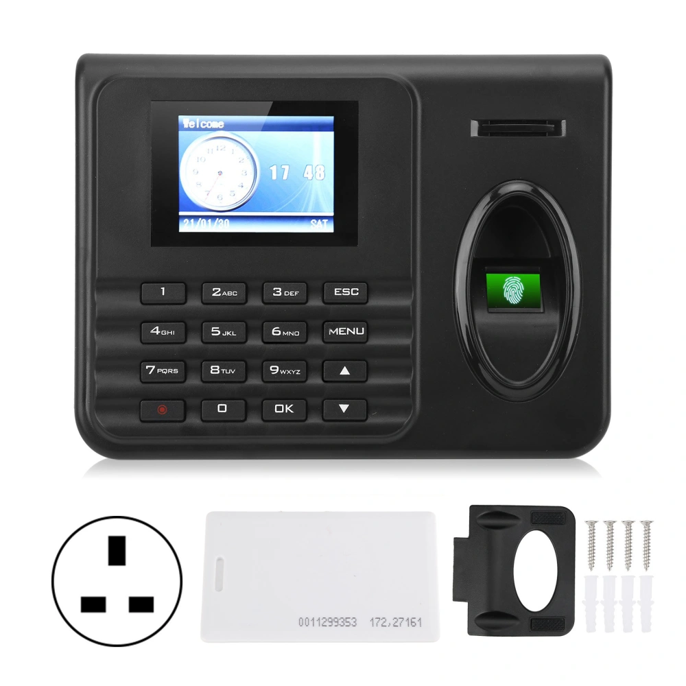 Attendance Machine Time Clock 2.4in Color Screen Biometrics Fingerprint Password Check In Out 100‑240VUK Plug