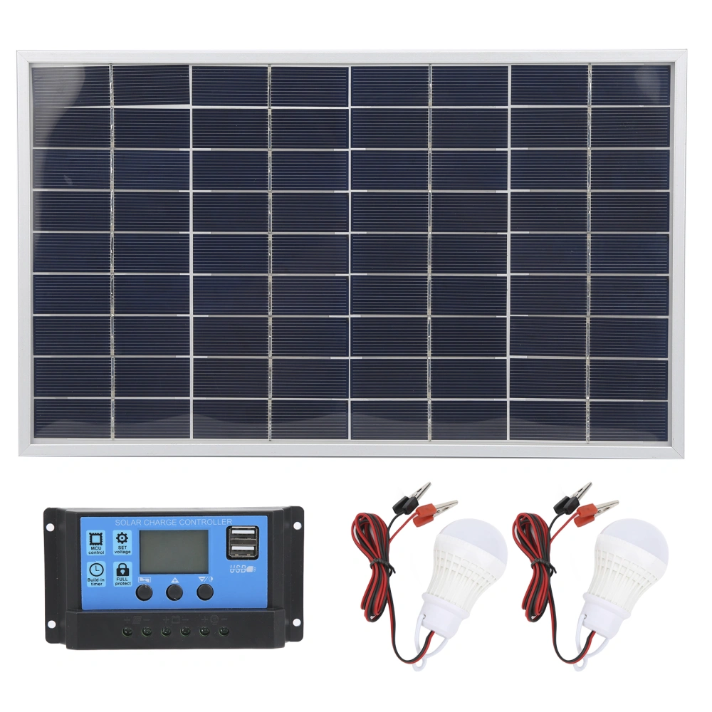 15W 18V Polycrystalline Solar Panel 12V/24V PWM Solar Controller 2pcs LED Bulb for Car RVs Ship Battery Charger(10A )