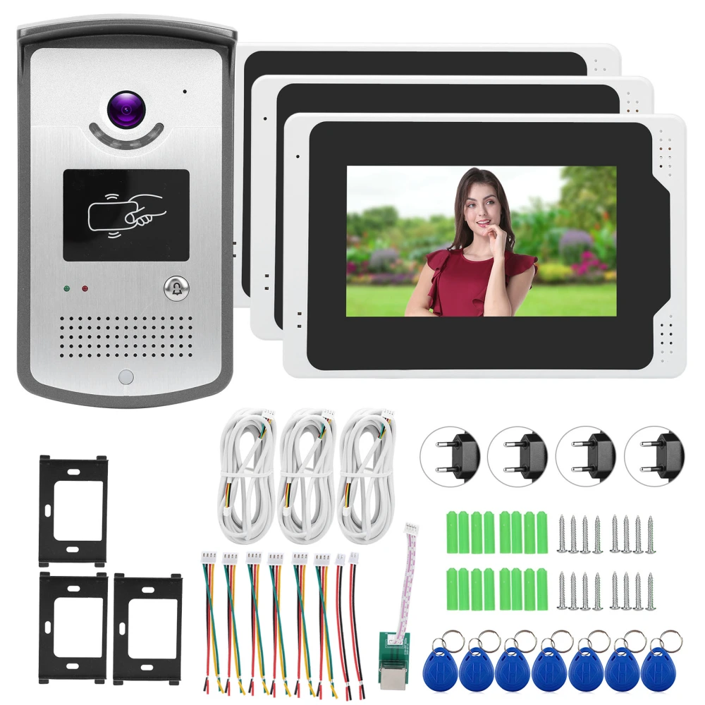 7in TFT 3Monitors Doorbell 1080P Intercom Door Phone Night Vision Remote Monitoring Entry System 100‑240VEU Plug