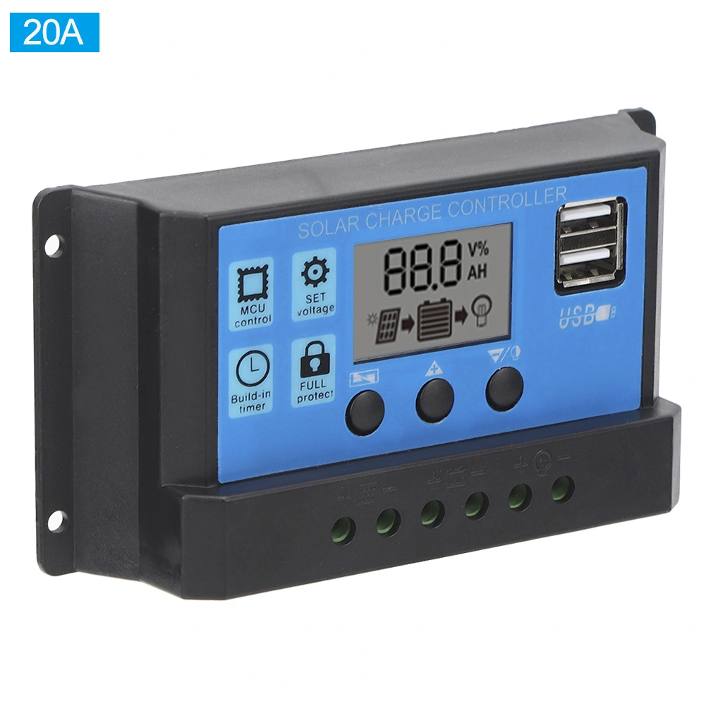 Solar Charge Controller LCD Dual USB PWM Cell Panel Regulator with Load Automatic Identification 12V 24V20A