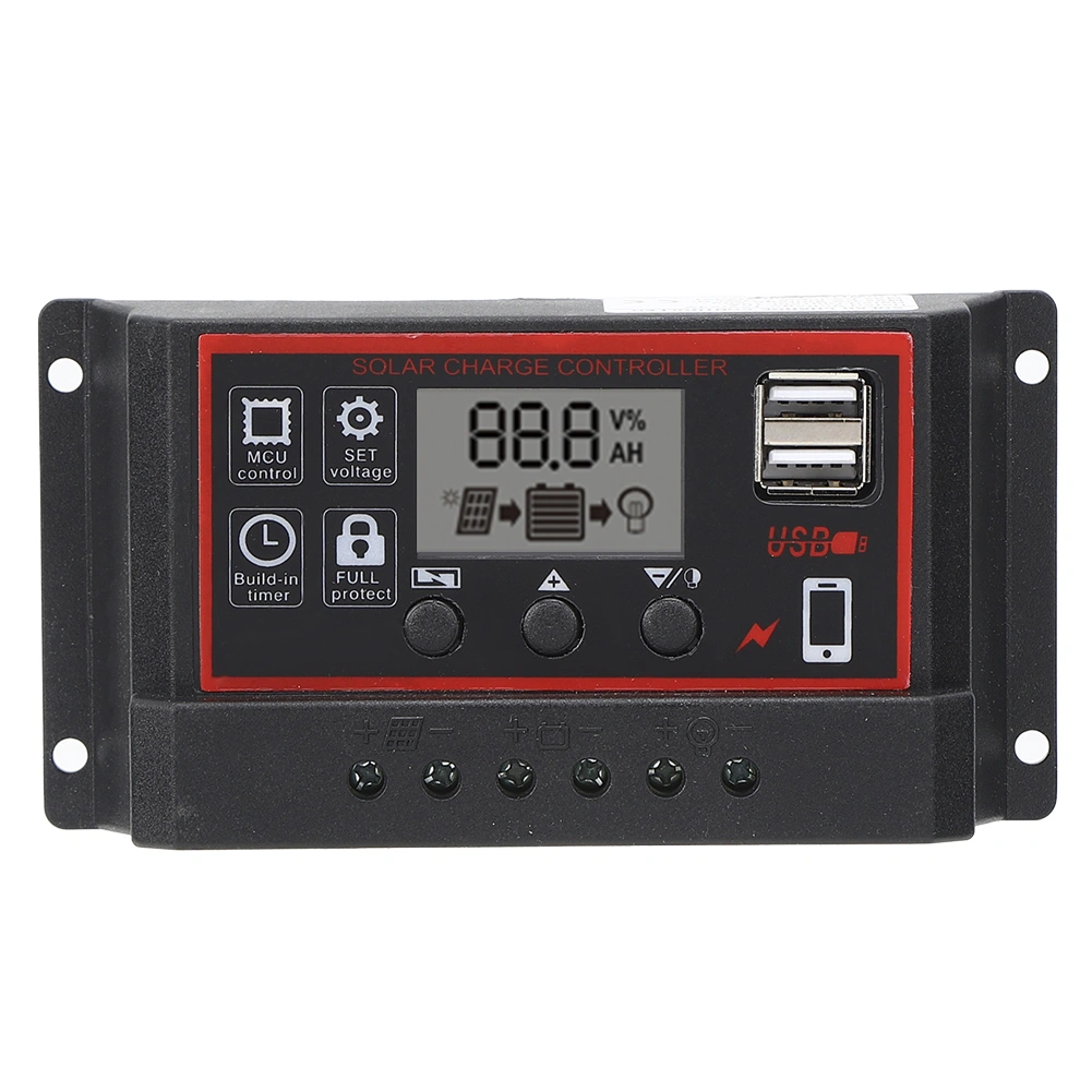 LCD Solar Charge Controller 5V /2.5A Dual USB PWM Cell Panel Regulator Automatic Identification 12V 24V10A