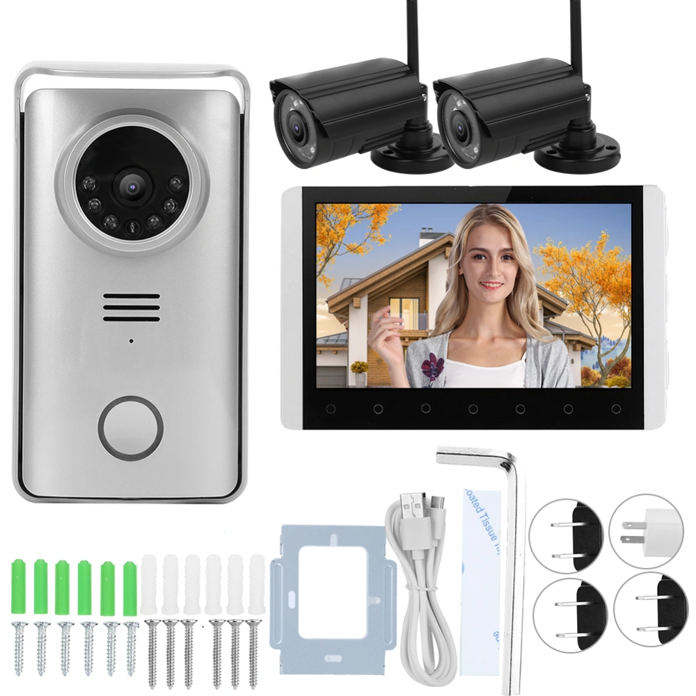 100-240V 7in TFT LCD 2.4G Wireless Visual Doorbell Night Vision Intercom Security Video Door Phone with 2 CamerasUS Plug