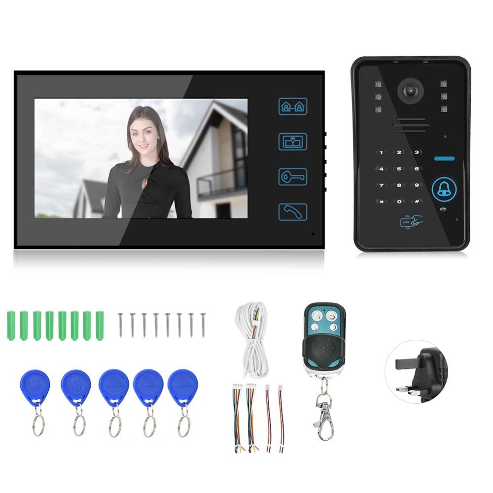 7in Wired Video Doorbell Password Card Remote Control Night Vision Doorphone 100-240VUK