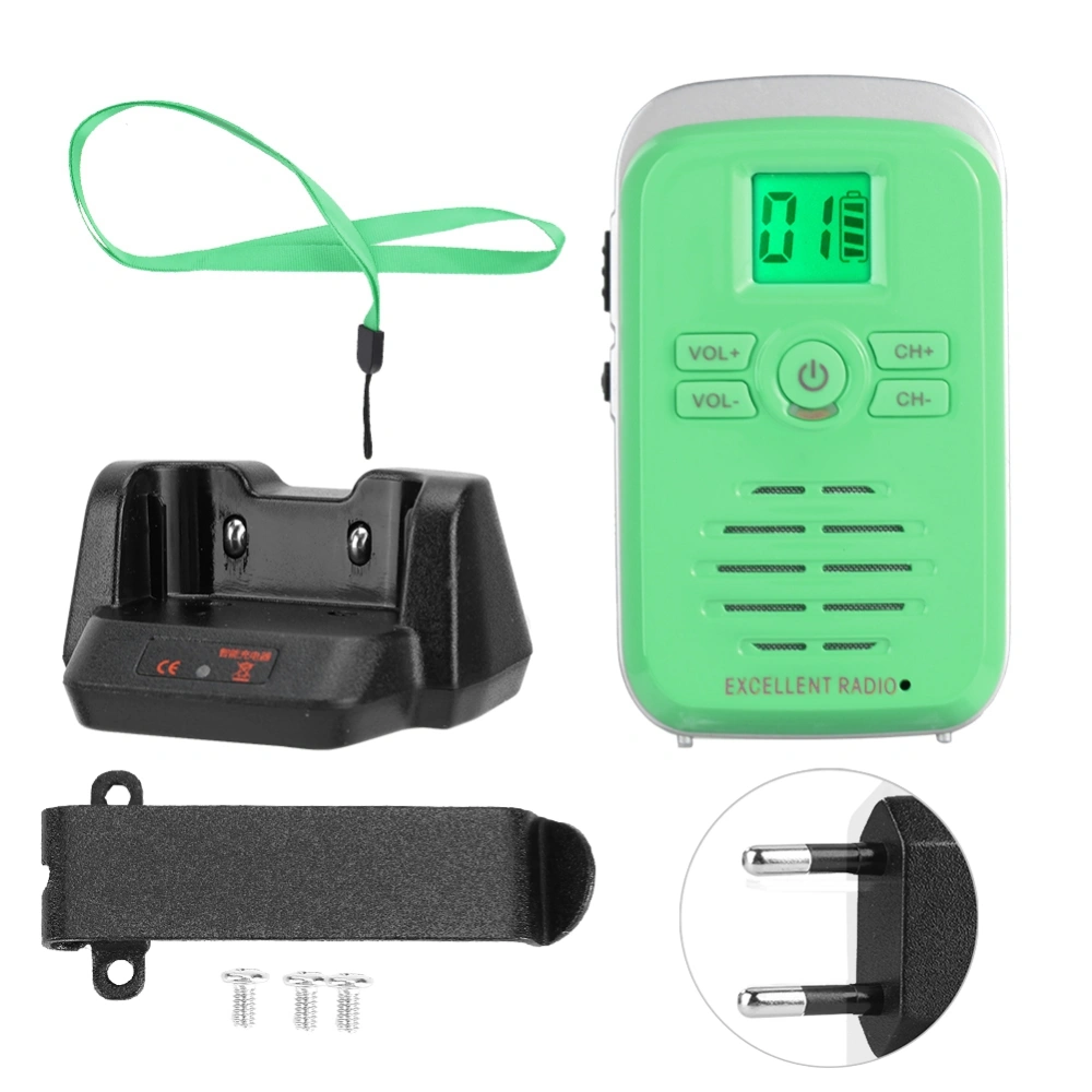 Q3 FM ABS Mini Wireless Walkie Talkie 110-240V 400-470MHZ Waterproof Ultra Thin 2-Way Radio(Green EU Plug)