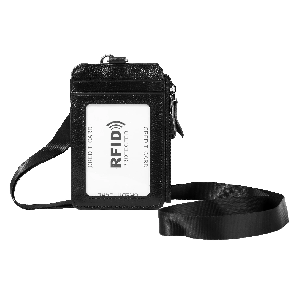 Card Holder RFID Blocking ID Badge Cowhide Wallet Hardware Vertical Lanyard Necklace