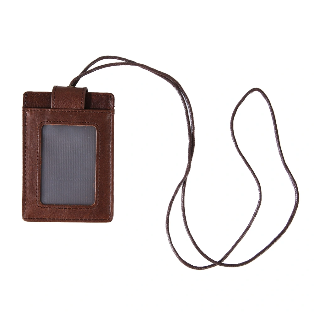 RFID Blocking ID Badge Card Holder Cowhide Wallet Hardware Sewing Removable Straps(Coffee)