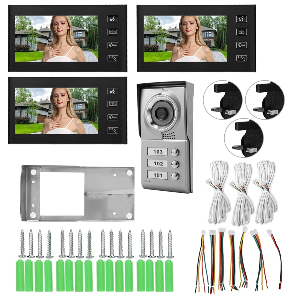 3 Apartment 7in Wired Video Intercom Door Phone Doorbell System Monitors IR Camera(UK 110-240V)